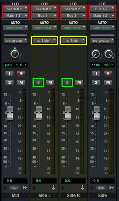 Figure C : Configuration de la piste MS dans ProTools : Rouge - Entre/Sortie ; Jaune - Groupement ; Vert - Solo Safe Mode Enabled.
